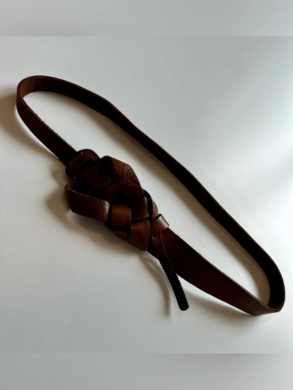 Vintage Brown Genuine Leather Knotted Skinny Belt Boho Western 36”